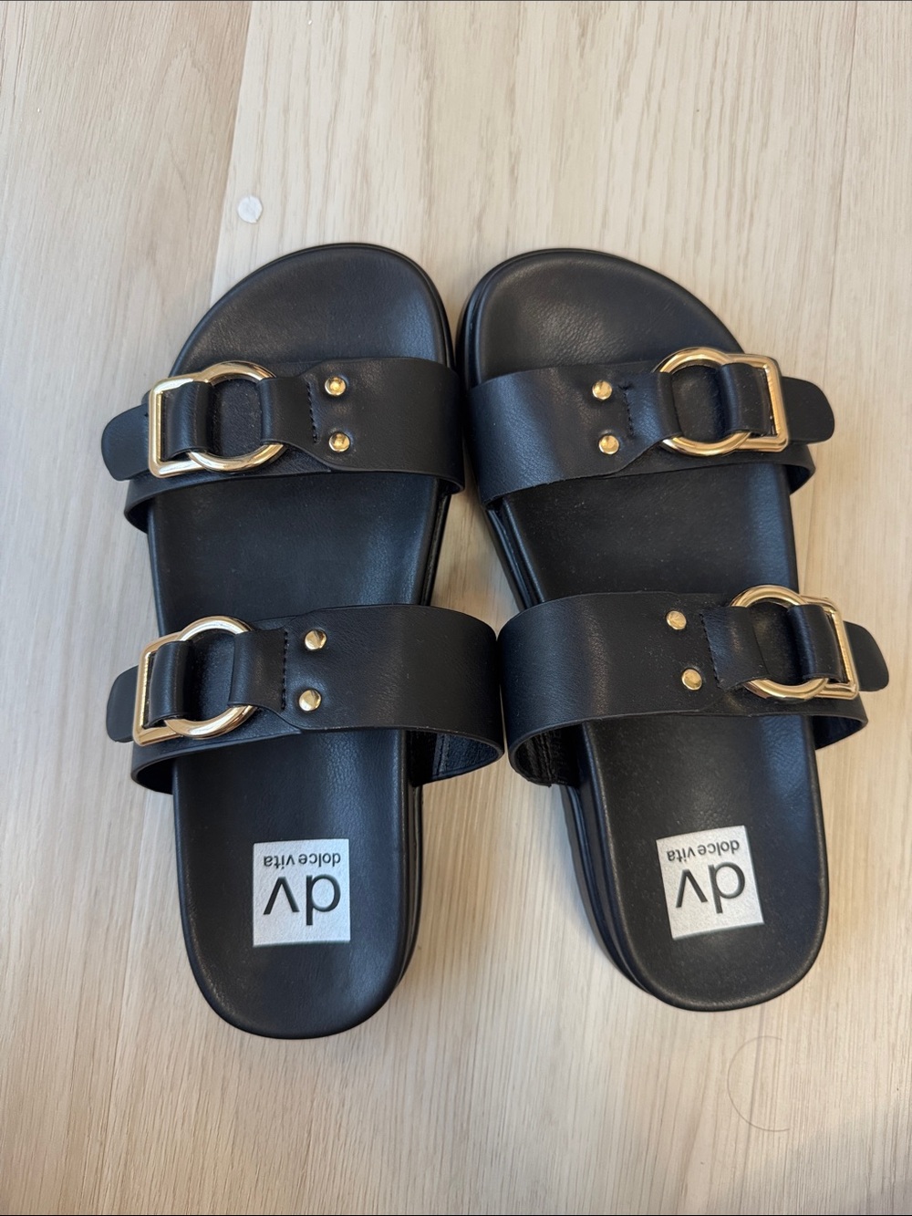 DV by Dolce Vita Black Slide Sandals with Gold Buckles